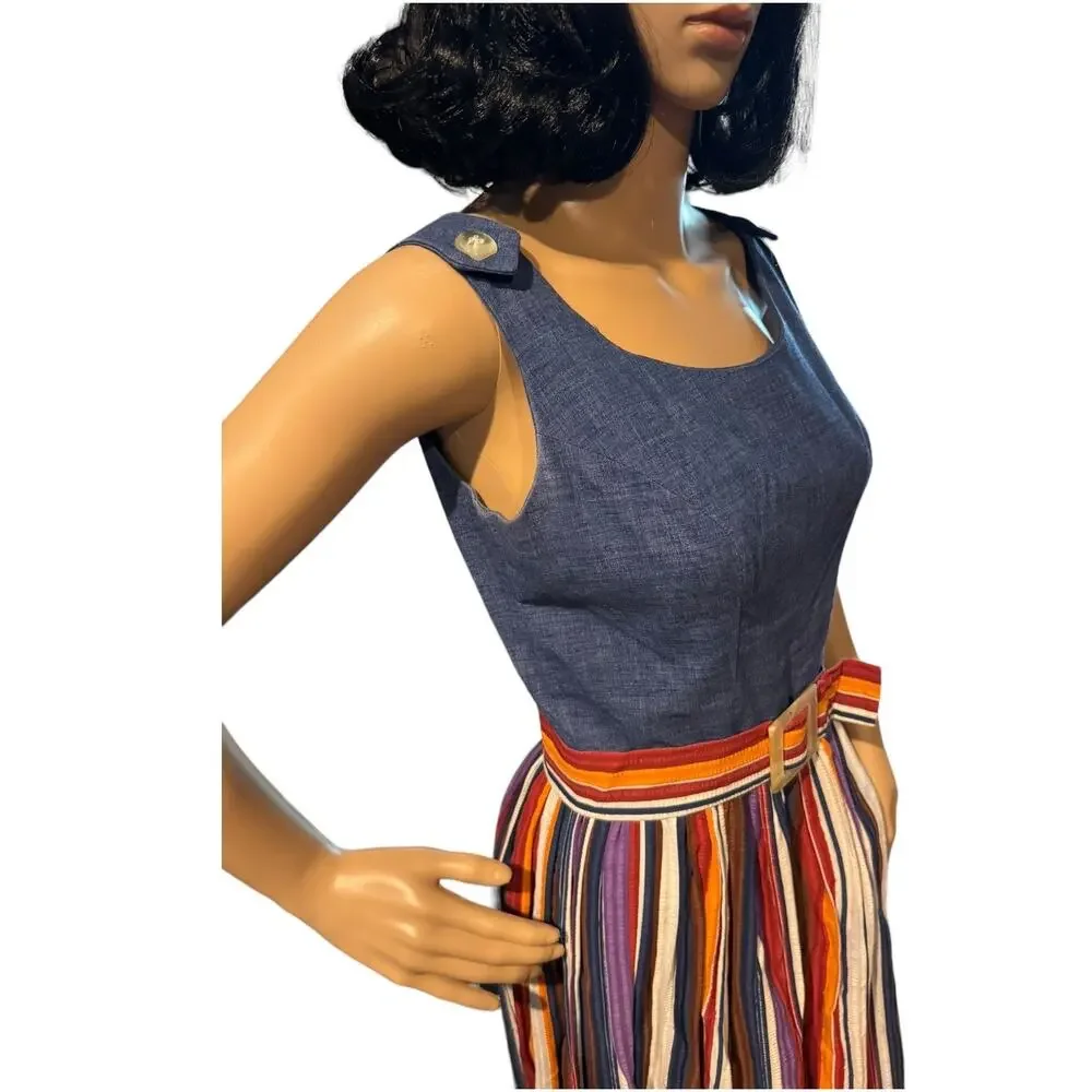 Vintage 1970s PLW Denim & Striped Prairie Midi Dress Boho Belted